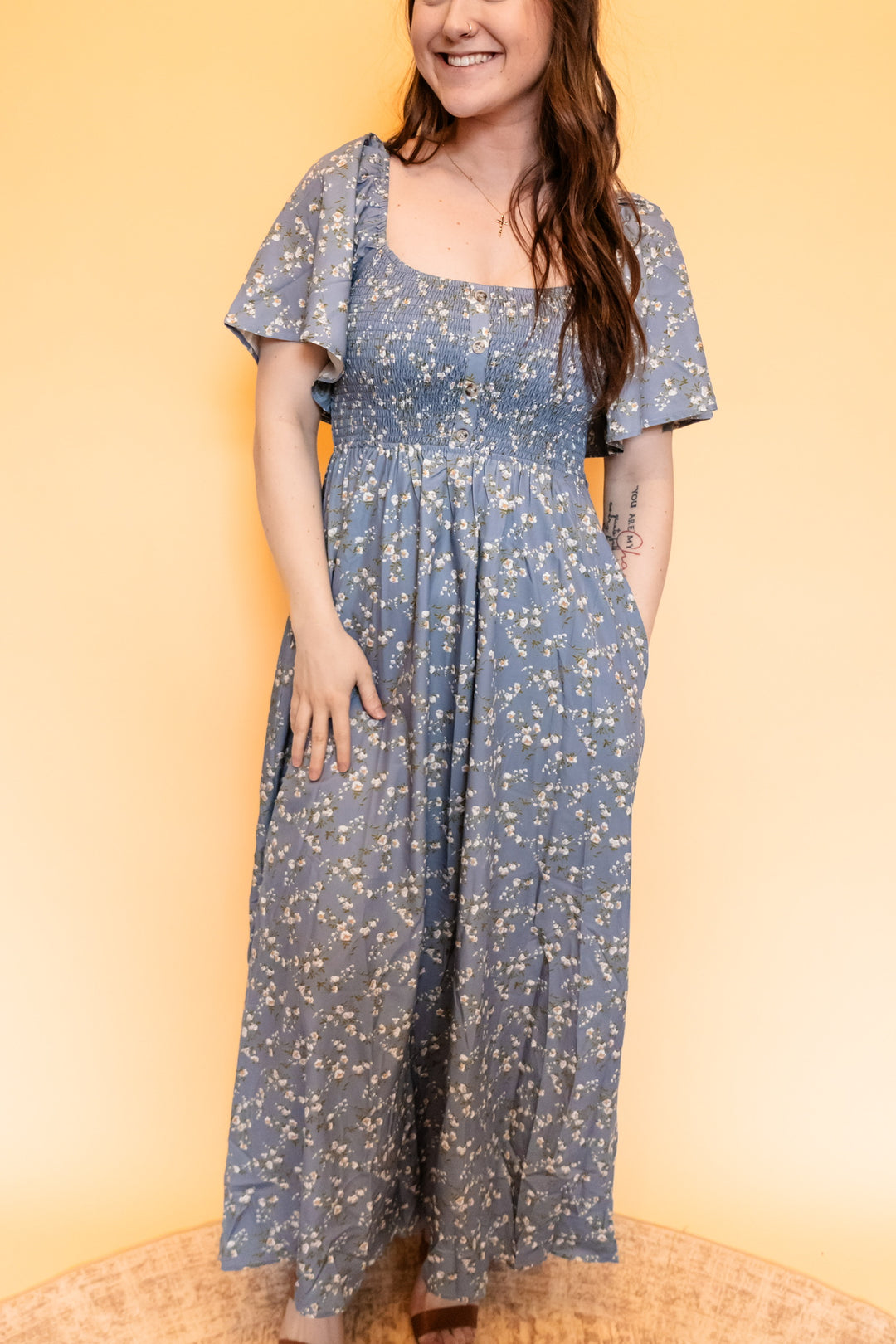 celestine floral flutter sleeve midi dress ASTR the Label | Celestine Floral Flutter Sleeve Midi Dress in Blue Yellow Ditsy